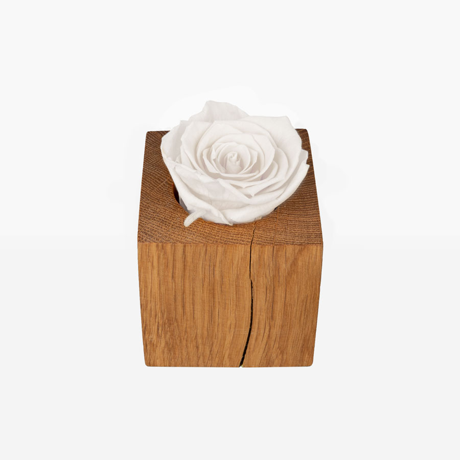 1 weiße Infinity Rose im Holzwürfel
